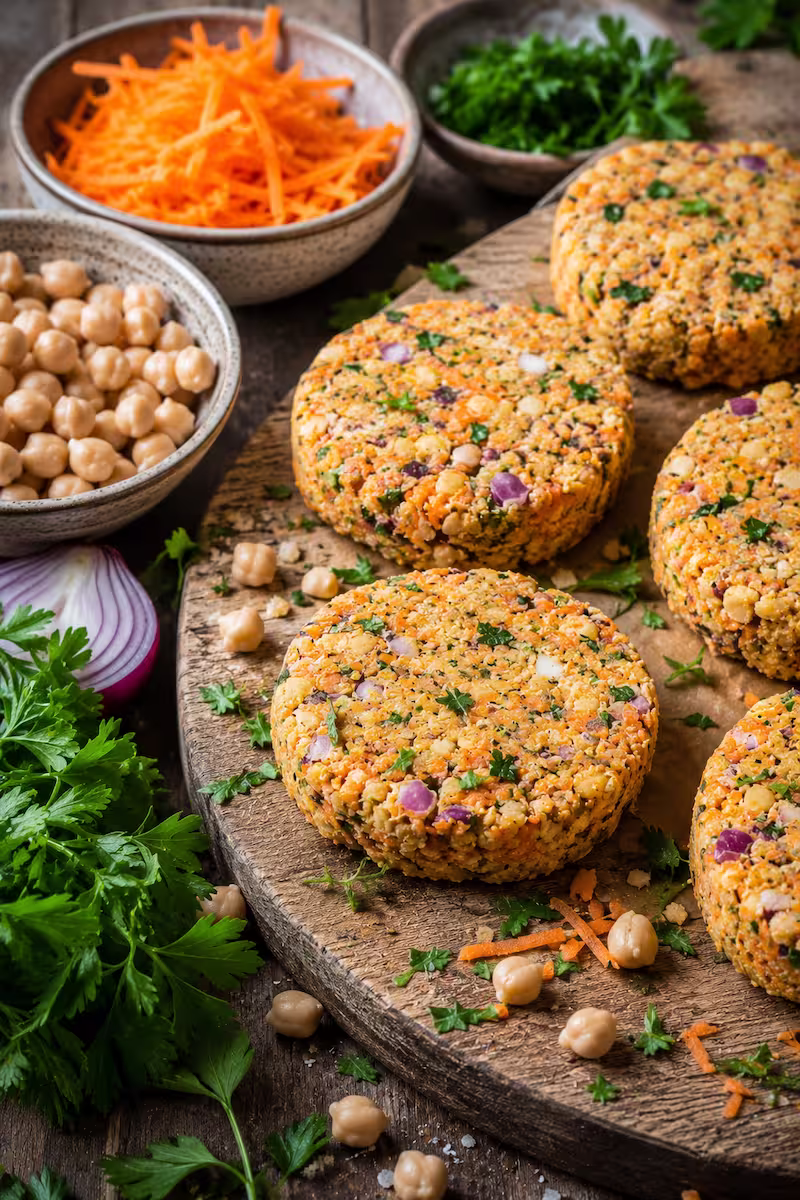 Mehrere rohe Gemüseburger Patties auf Holzbrett mit geraspelter Karotte, Kichererbsen und frischen Kräutern im Meal-Prep-Stil