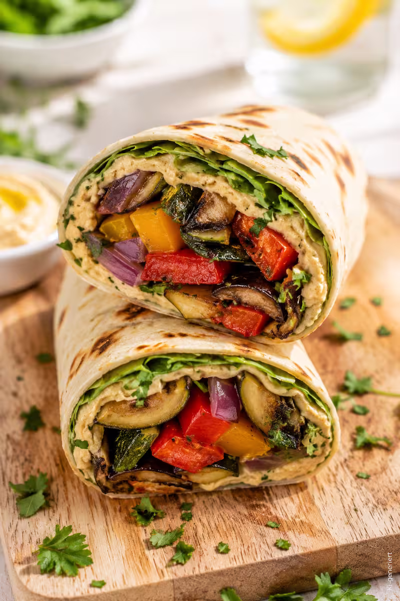 Nahaufnahme eines aufgeschnittenen vegetarischen Wraps mit gegrilltem Gemüse, Hummus und frischen Kräutern auf hellem Holzbrett