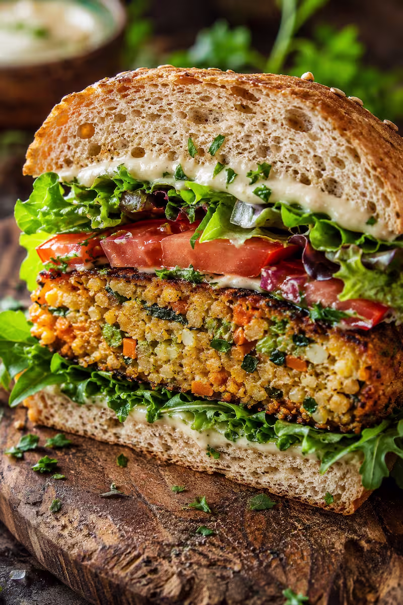 Nahaufnahme eines aufgeschnittenen vegetarischen Burgers mit goldbraunem Gemüsepatty, Salat, Tomaten und Kräutern auf rustikalem Holzbrett