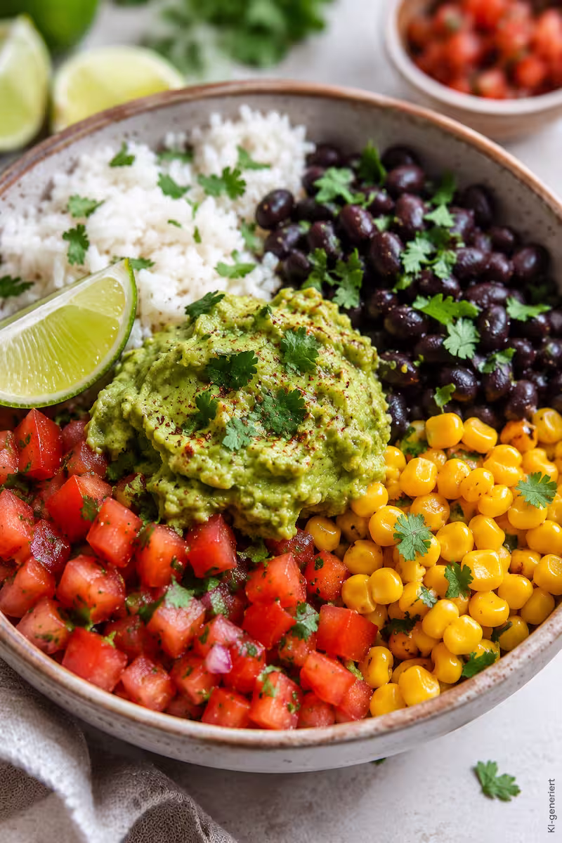 Nahaufnahme einer veganen Burrito Bowl mit Reis, Bohnen, Mais, Tomatenwürfeln und Guacamole