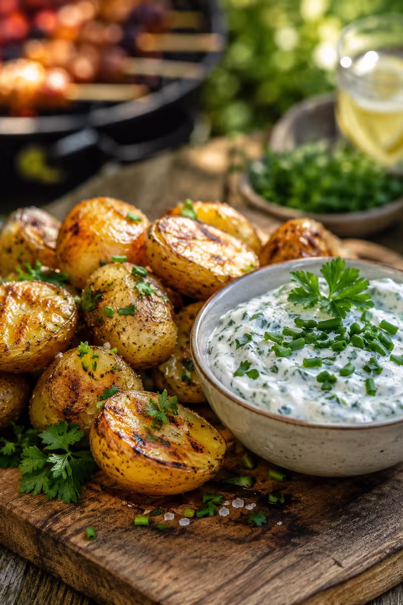 Nahaufnahme von goldbraunen Grillkartoffeln Nahaufnahme von goldbraunen Grillkartoffeln mit cremigem Kräuterquark, frischer Schnittlauch, Petersilie, rustikales Holzbrett, sommerliche Grillparty-Atmosphäre