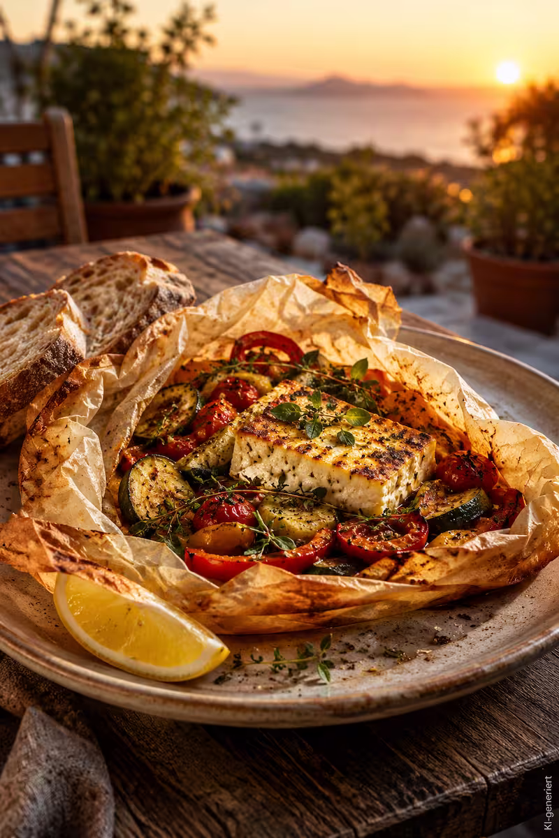 Servierter Teller mit geöffnetem Gemüsepäckchen Servierter Teller mit geöffnetem Gemüsepäckchen, goldbraunem Feta, frischen Kräutern, Zitronenspalte und knusprigem Baguette auf Terrasse im Abendlicht