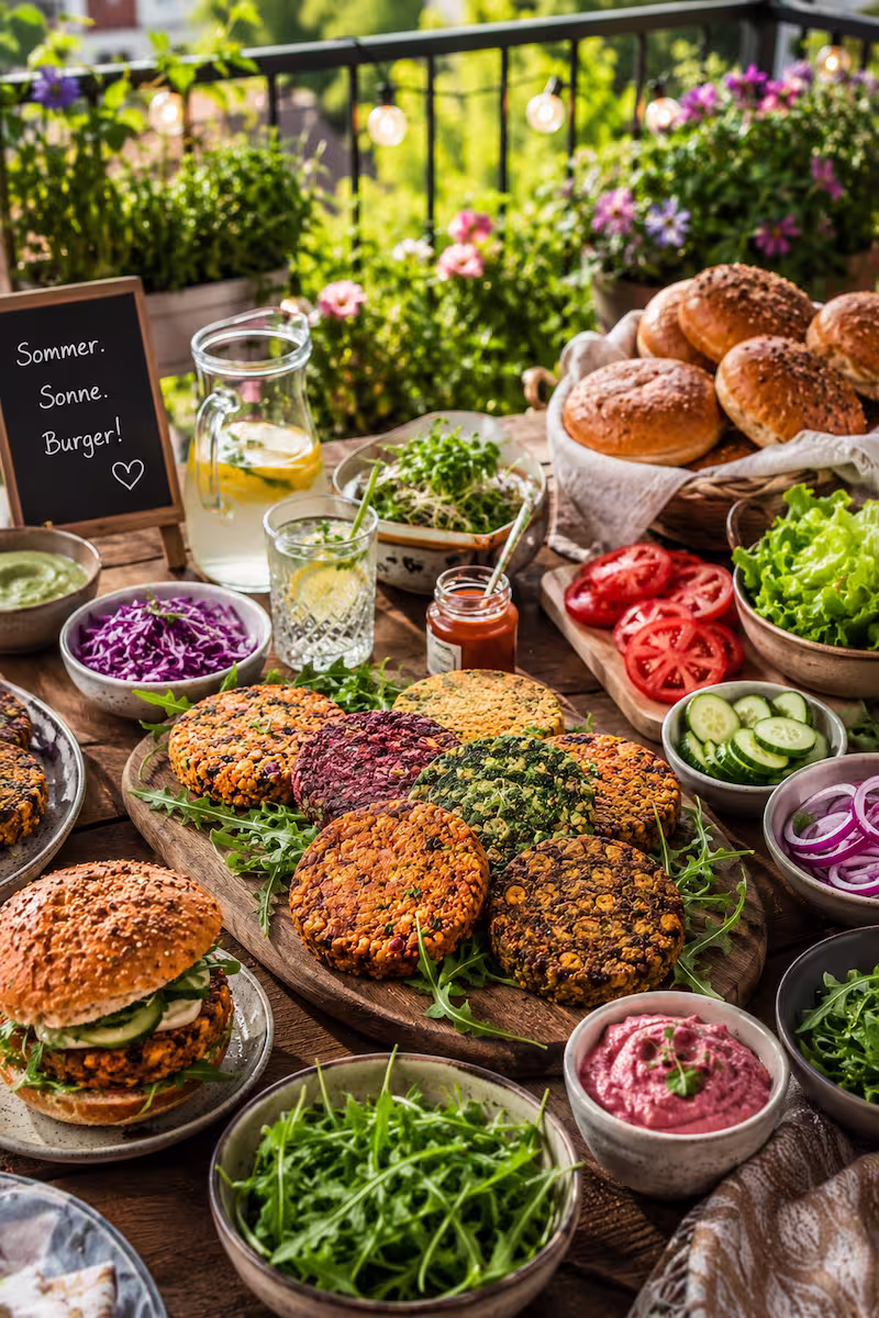 Sommerlicher Burger-Tisch auf Balkon mit verschiedenen Gemüseburger Patties, frischem Gemüse, Burgerbrötchen und Dips