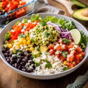 Vegane Burrito Bowl mit Reis, Bohnen und Gemüse 7 KI-generiertes Bild: Vegane Burrito Bowl mit Reis, schwarzen Bohnen, Mais, Tomaten, Avocado und Guacamole in einer Schale auf rustikalem Holztisch, vorbereitet als Meal Prep mit frischen Zutaten und Limettenspalten.