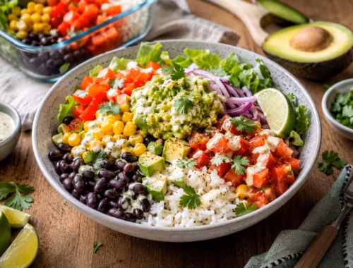 Vegane Burrito Bowl mit Reis, Bohnen und Gemüse 45 KI-generiertes Bild: Vegane Burrito Bowl mit Reis, schwarzen Bohnen, Mais, Tomaten, Avocado und Guacamole in einer Schale auf rustikalem Holztisch, vorbereitet als Meal Prep mit frischen Zutaten und Limettenspalten.