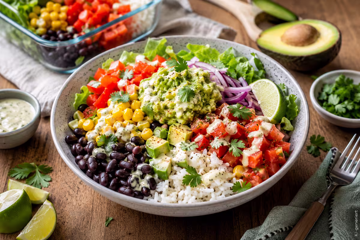 KI-generiertes Bild: Vegane Burrito Bowl mit Reis, schwarzen Bohnen, Mais, Tomaten, Avocado und Guacamole in einer Schale auf rustikalem Holztisch, vorbereitet als Meal Prep mit frischen Zutaten und Limettenspalten.