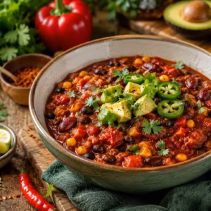 Veganes Chili zum Vorkochen: Meal Prep für die ganze Woche 7 KI-generiertes Bild: Veganes Chili sin carne in einer rustikalen Schüssel mit Kidneybohnen, schwarzen Bohnen, Mais, Paprika, Avocadowürfeln, Jalapeños und frischem Koriander auf einem Holztisch, dekoriert mit Limettenspalten und Gewürzen, appetitlich angerichtet bei natürlichem Tageslicht.