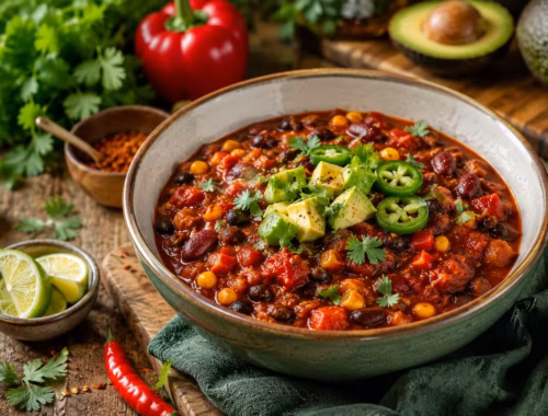 Veganes Chili zum Vorkochen: Meal Prep für die ganze Woche 49 KI-generiertes Bild: Veganes Chili sin carne in einer rustikalen Schüssel mit Kidneybohnen, schwarzen Bohnen, Mais, Paprika, Avocadowürfeln, Jalapeños und frischem Koriander auf einem Holztisch, dekoriert mit Limettenspalten und Gewürzen, appetitlich angerichtet bei natürlichem Tageslicht.
