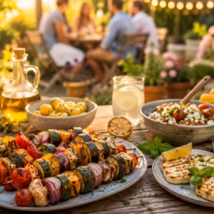 Vegetarische Grillrezepte für warme Sommerabende mit bunten Gemüsespießen, gegrilltem Halloumi, frischen Kräutern und sommerlichen Beilagen auf einem rustikalen Gartentisch bei Abendsonne.