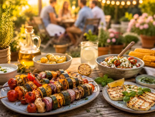 7 vegetarische Grillrezepte für warme Sommerabende 24 Vegetarische Grillrezepte für warme Sommerabende mit bunten Gemüsespießen, gegrilltem Halloumi, frischen Kräutern und sommerlichen Beilagen auf einem rustikalen Gartentisch bei Abendsonne.