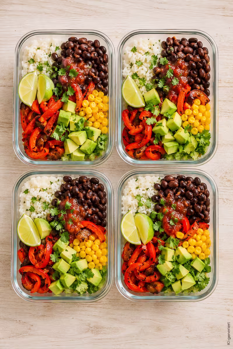Vier Meal-Prep-Boxen mit veganer Burrito Bowl auf hellem Holzuntergrund, Reis, schwarze Bohnen, Mais, Paprika, Avocado, Limettenspalten