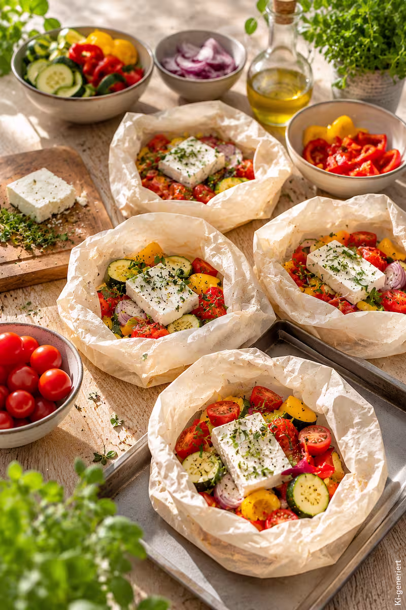 Vorbereitung mehrerer Gemüsepäckchen Vorbereitung mehrerer Gemüsepäckchen auf hellem Holztisch, Schalen mit Paprika, Zucchini, Tomaten und Feta, Meal-Prep-Szene, natürliche Food-Fotografie, sommerliche Farben
