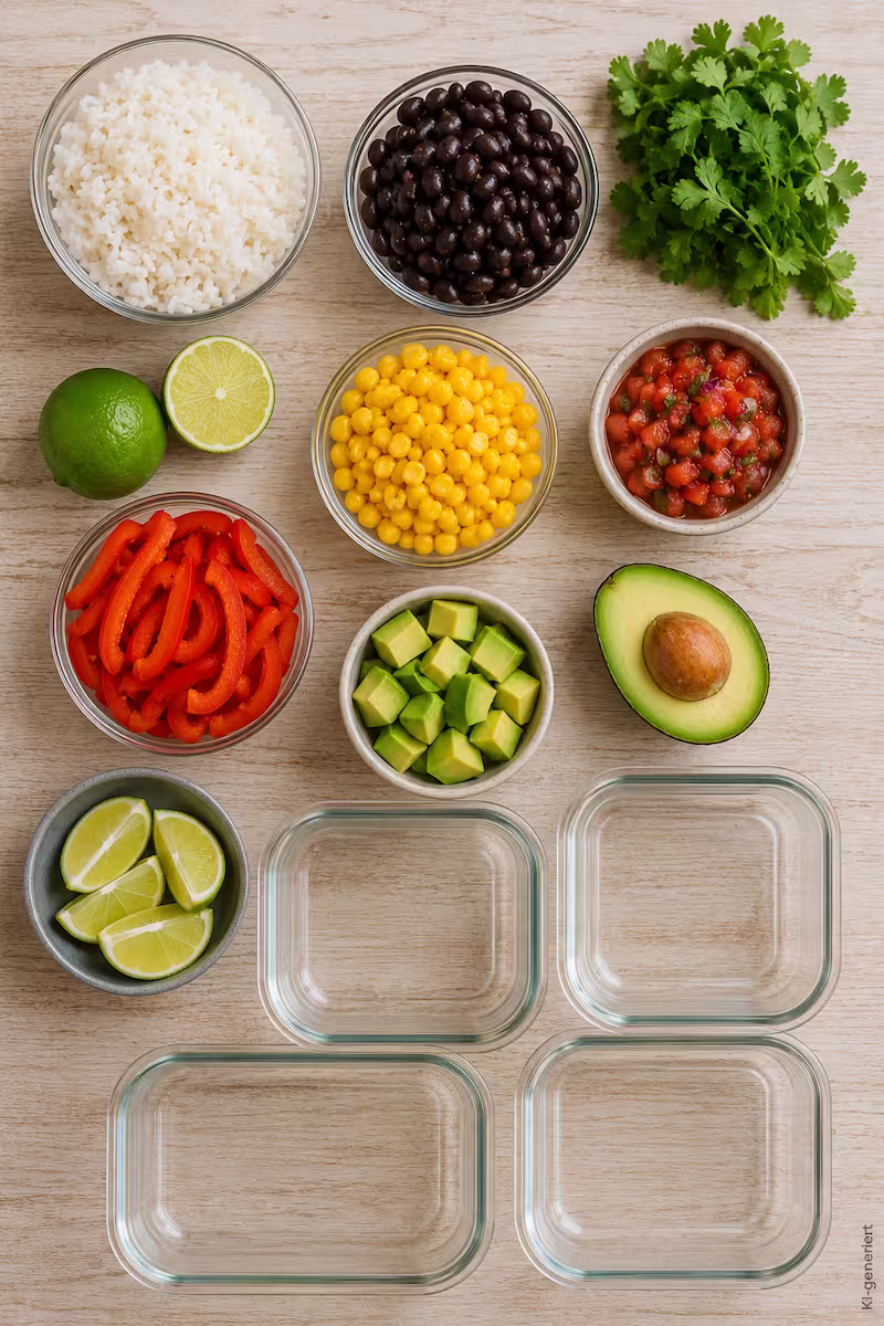 Zutaten-Flatlay für vegane Burrito Bowl, Reis, schwarze Bohnen, Mais, Paprika, Avocado, Limetten, Meal-Prep-Behälter auf Holzuntergrund, Pinterest-Stil, helle Food-Fotografie, vertikaler Schriftzug „KI-generiert“