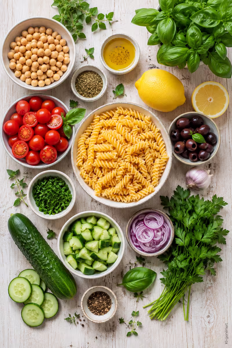 Zutaten-Flatlay mit Fusilli Zutaten-Flatlay mit Fusilli, Kichererbsen, Cherrytomaten, Gurke, Oliven, Zitronen und frischen Kräutern auf hellem Holzbrett