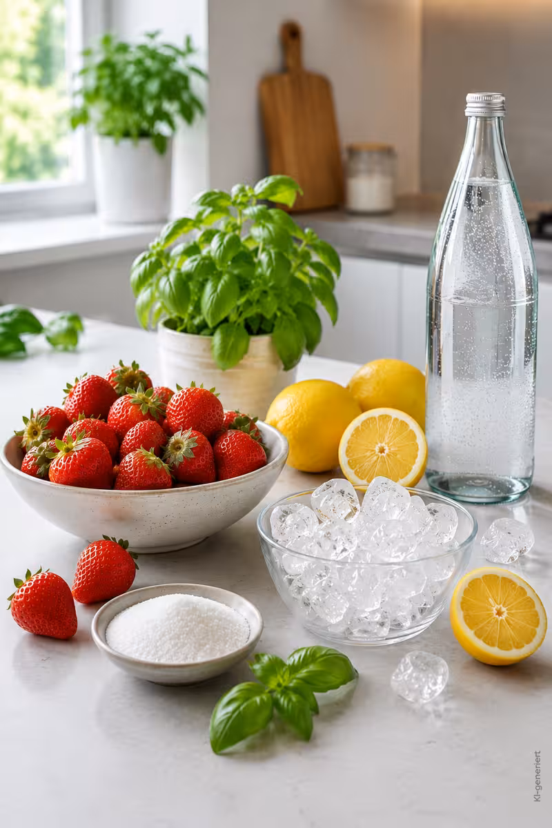 Zutaten für: Erdbeer-Basilikum-Limonade – fruchtiger Sommerdrink mit frischen Zutaten