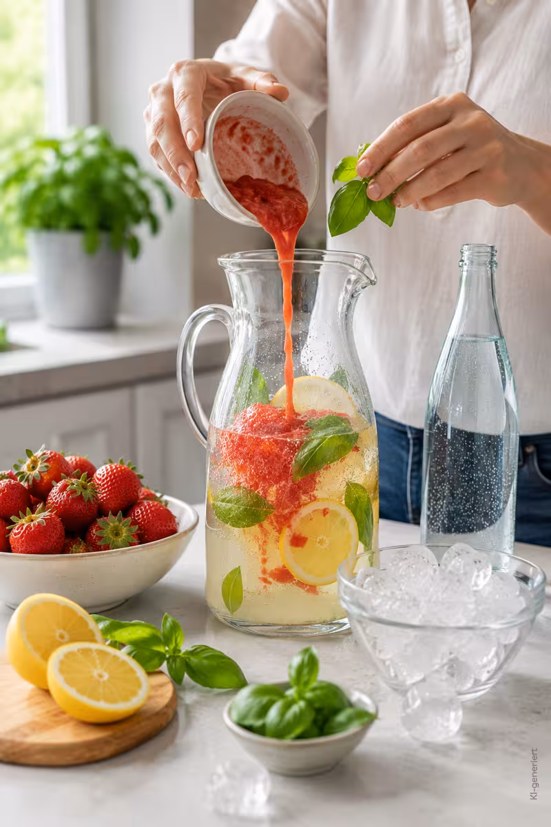 Zubereitung von: Erdbeer-Basilikum-Limonade – fruchtiger Sommerdrink mit frischen Zutaten