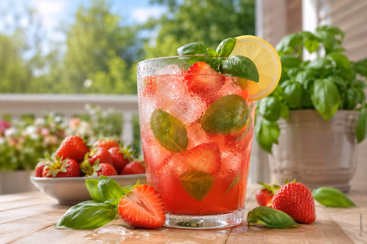 Fertiges Gericht: Erdbeer-Basilikum-Limonade – fruchtiger Sommerdrink mit frischen Zutaten
