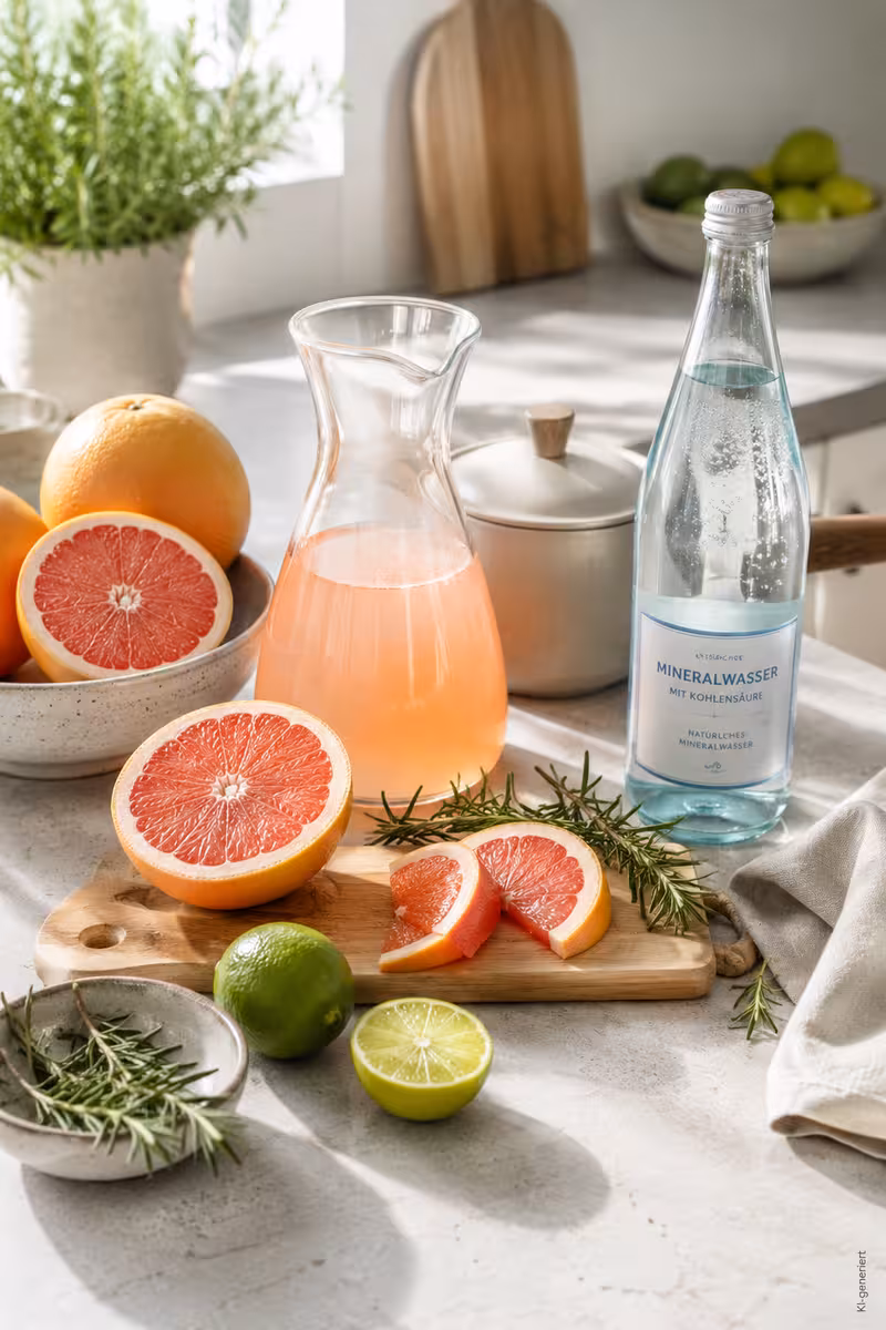 Zutaten für: Fruchtige Grapefruit-Limonade mit Rosmarin und Sprudel