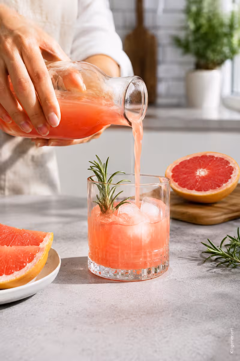 Zubereitung von: Fruchtige Grapefruit-Limonade mit Rosmarin und Sprudel
