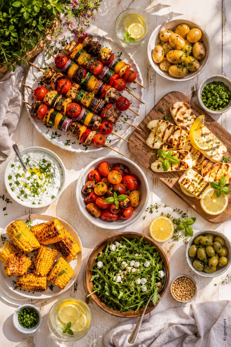 Top-Down-Aufnahme eines sommerlichen Grillbuffets auf hellem Holztisch mit bunten Gemüsespießen, Halloumi, Kräutern, Zitronenscheiben und kleinen Schalen