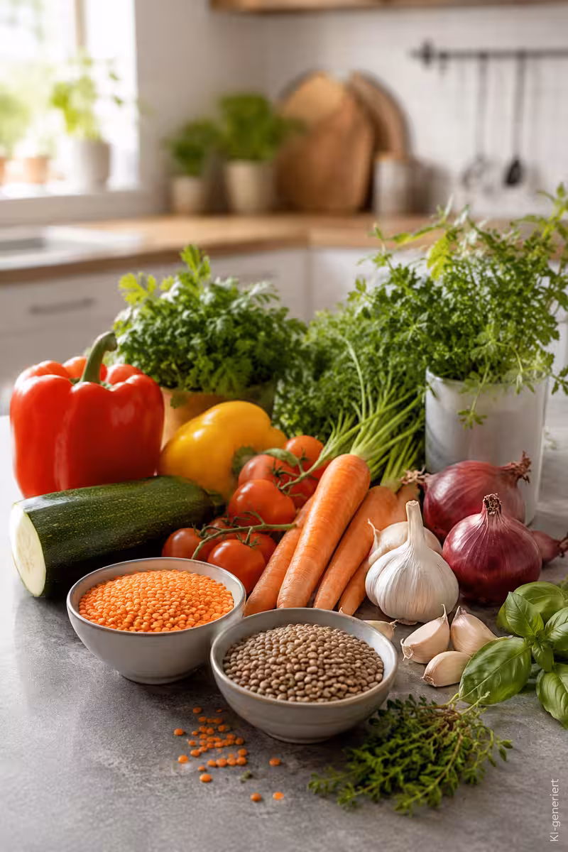 Proteinreiche vegane Linsenpfanne mit Gemüse 5 Zutaten für Fuer Fuer vegane Linsenpfanne Auf Einer Kuechenarbeitsflaeche Auf Einer Kuechenarbeitsflaeche auf einer Küchenarbeitsfläche