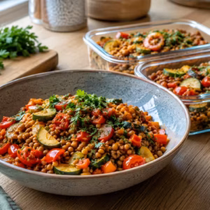 Proteinreiche vegane Linsenpfanne mit Gemüse 12 Fertiges Gericht: Gericht: vegane Linsenpfanne Angerichtet angerichtet