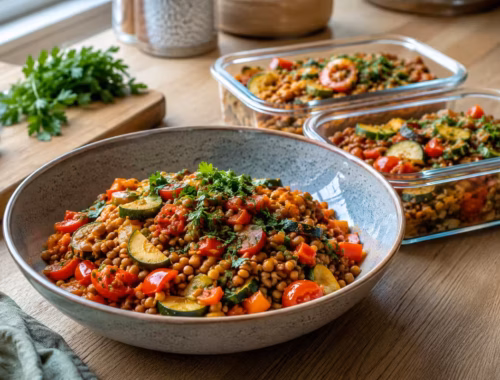Proteinreiche vegane Linsenpfanne mit Gemüse 38 Fertiges Gericht: Gericht: vegane Linsenpfanne Angerichtet angerichtet