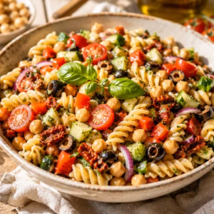 Mediterraner veganer Nudelsalat mit Kichererbsen 12 KI-generiertes Bild: Mediterraner veganer Nudelsalat mit Kichererbsen in einer großen Keramikschale mit Fusilli, Cherrytomaten, Gurke, Oliven, getrockneten Tomaten und frischen Kräutern auf hellem Holzuntergrund, sommerliche Food-Fotografie in natürlichem Licht.