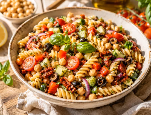Mediterraner veganer Nudelsalat mit Kichererbsen 7 KI-generiertes Bild: Mediterraner veganer Nudelsalat mit Kichererbsen in einer großen Keramikschale mit Fusilli, Cherrytomaten, Gurke, Oliven, getrockneten Tomaten und frischen Kräutern auf hellem Holzuntergrund, sommerliche Food-Fotografie in natürlichem Licht.