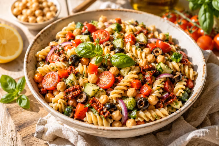 Mediterraner veganer Nudelsalat mit Kichererbsen 4 Mediterraner veganer Nudelsalat mit Kichererbsen
