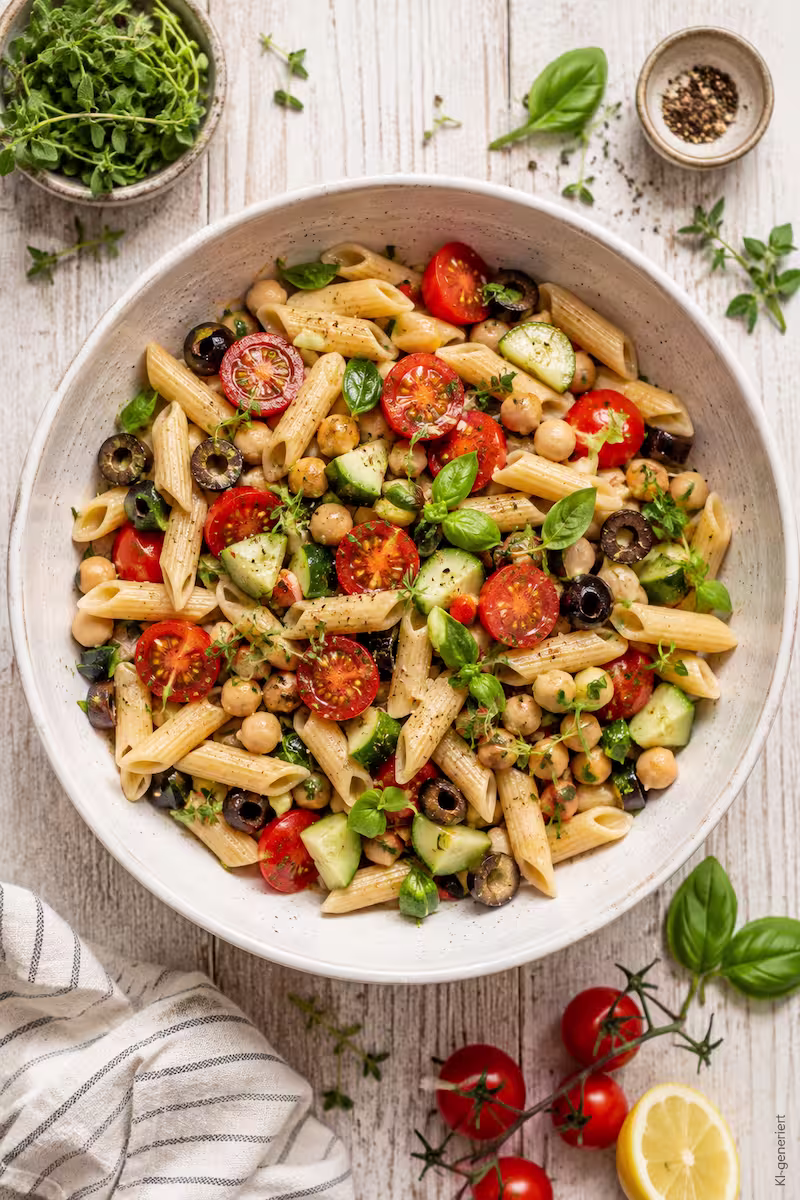 veganer Nudelsalat in weißer tiefer Keramik-Bowl Mediterraner veganer Nudelsalat in weißer tiefer Keramik-Bowl mit Kichererbsen, Cherrytomaten, Gurke, Oliven und frischen Kräutern auf hellem Holzuntergrund