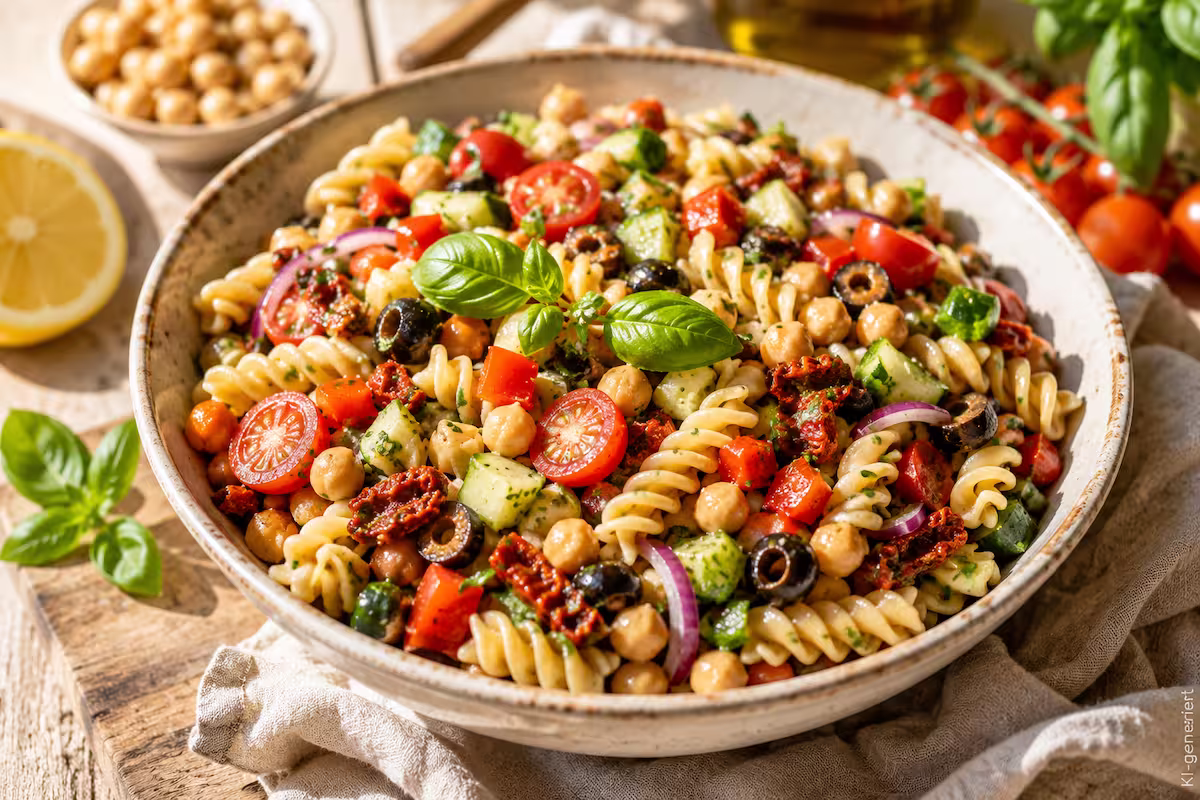 Mediterraner veganer Nudelsalat mit Kichererbsen 2 KI-generiertes Bild: Mediterraner veganer Nudelsalat mit Kichererbsen in einer großen Keramikschale mit Fusilli, Cherrytomaten, Gurke, Oliven, getrockneten Tomaten und frischen Kräutern auf hellem Holzuntergrund, sommerliche Food-Fotografie in natürlichem Licht.
