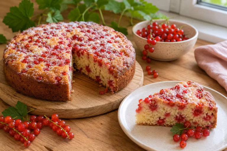 Johannisbeerkuchen mit frischen roten Johannisbeeren