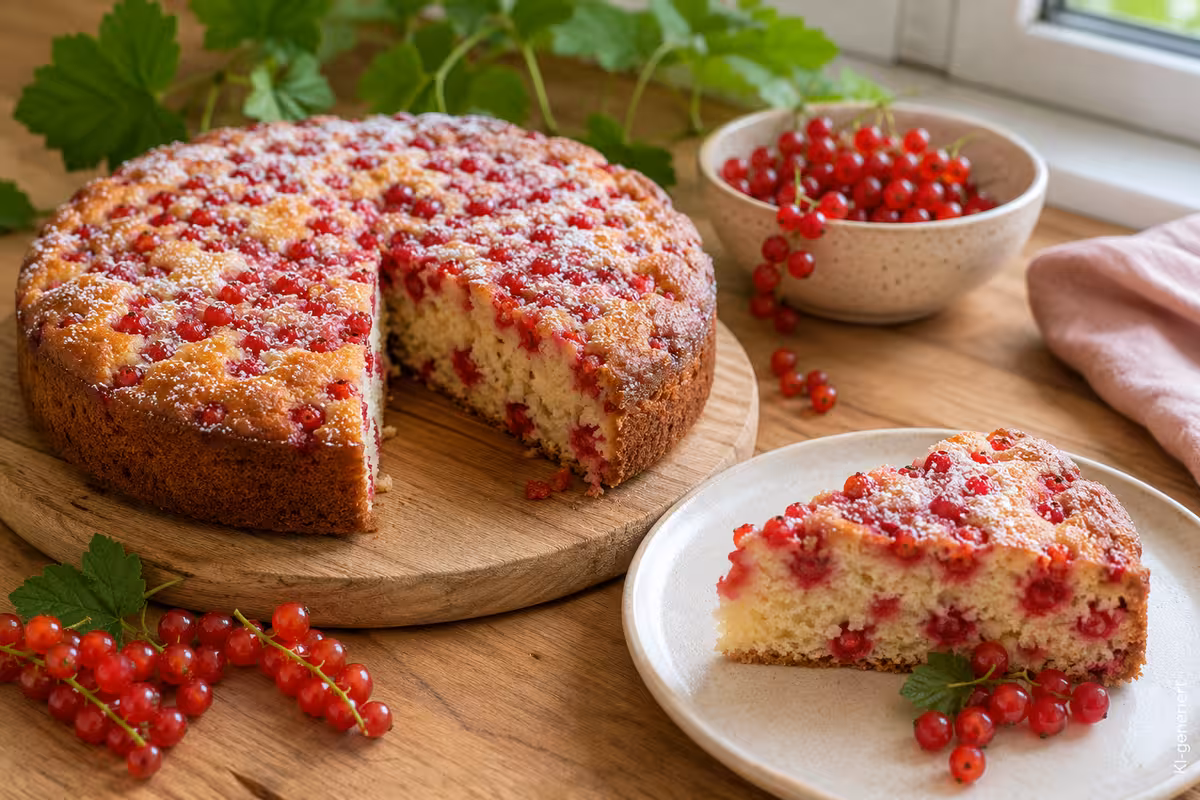 Johannisbeerkuchen mit frischen roten Johannisbeeren 2 Fertiges Gericht: Johannisbeerkuchen mit frischen roten Johannisbeeren