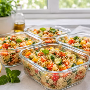 Fertiges Gericht: Veganes Couscous-Gemüse als Meal-Prep-Box