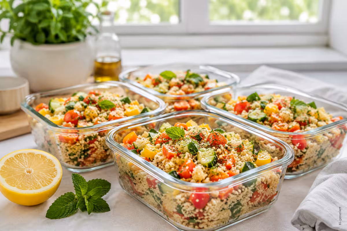 Veganes Couscous-Gemüse als Meal-Prep-Box 2 Fertiges Gericht: Veganes Couscous-Gemüse als Meal-Prep-Box
