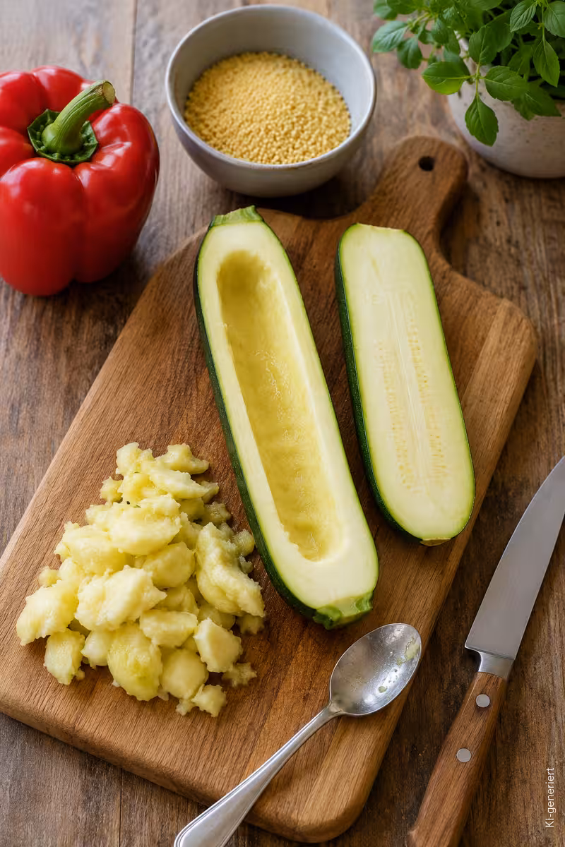Zutaten für: vegetarisch gefüllte Zucchini mit Couscous und Paprika