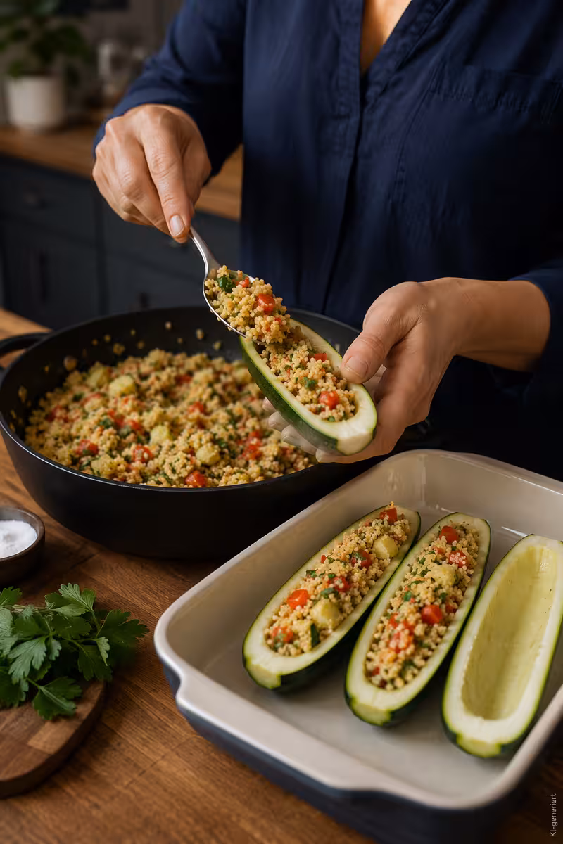Zubereitung von: vegetarisch gefüllte Zucchini mit Couscous und Paprika