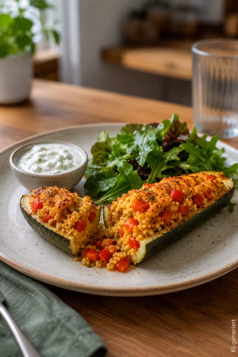 Weitere Ansicht zu: vegetarisch gefüllte Zucchini mit Couscous und Paprika