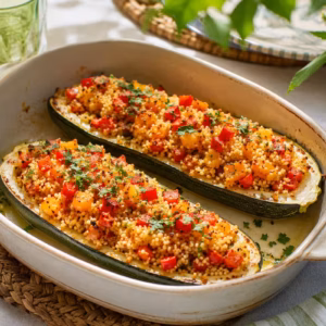 vegetarisch gefüllte Zucchini mit Couscous und Paprika 7 Fertiges Gericht: vegetarisch gefüllte Zucchini mit Couscous und Paprika