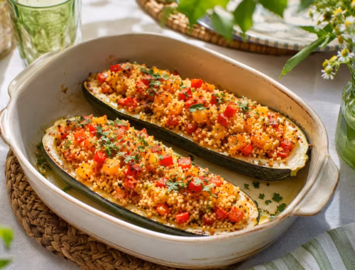 vegetarisch gefüllte Zucchini mit Couscous und Paprika 25 Fertiges Gericht: vegetarisch gefüllte Zucchini mit Couscous und Paprika
