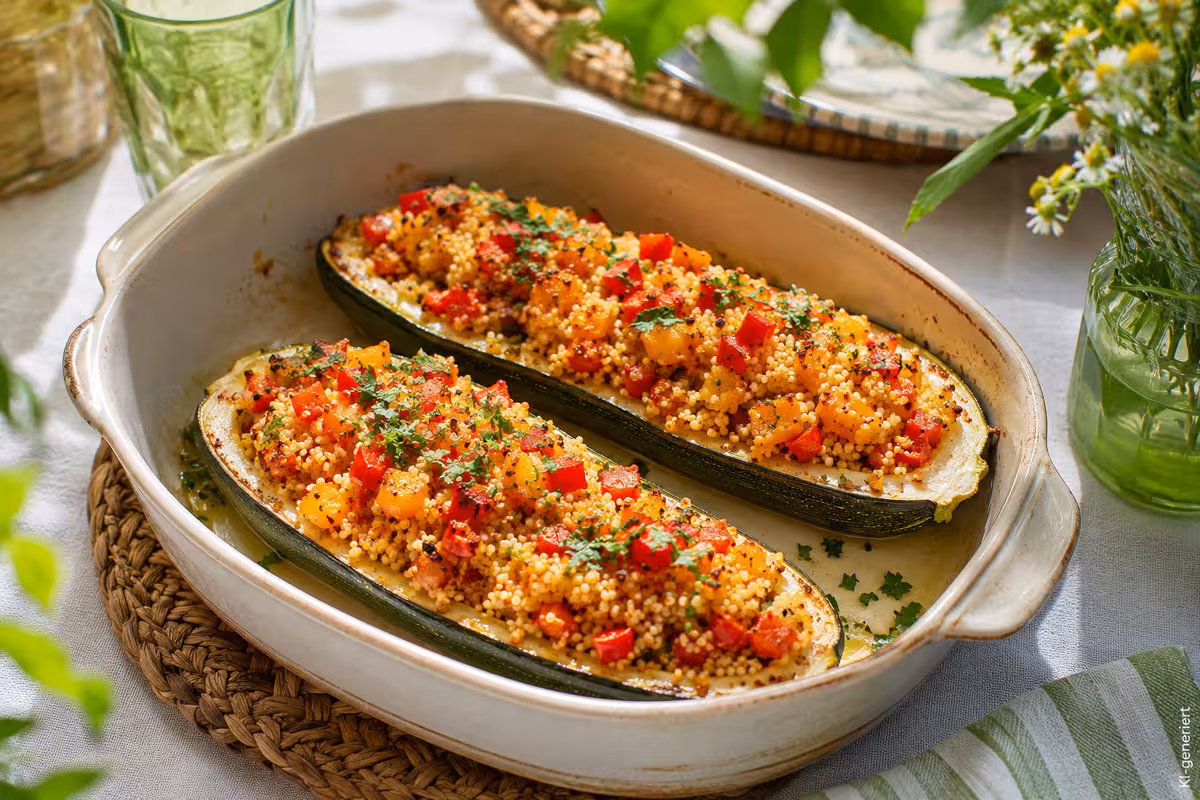 vegetarisch gefüllte Zucchini mit Couscous und Paprika 2 Fertiges Gericht: vegetarisch gefüllte Zucchini mit Couscous und Paprika
