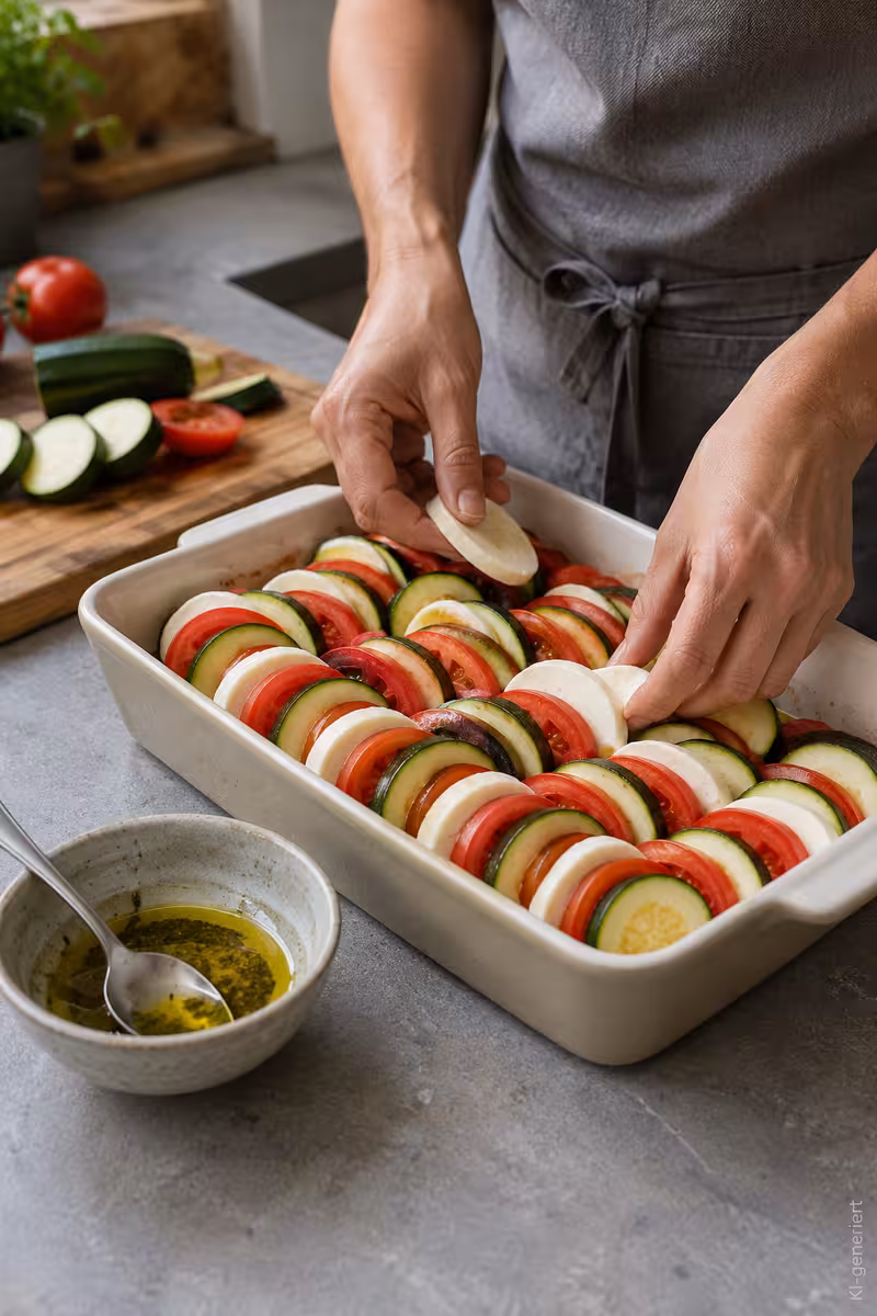 Zucchini-Tomaten-Auflauf mit Mozzarella aus dem Ofen 7 Zubereitung von: Zucchini-Tomaten-Auflauf mit Mozzarella aus dem Ofen