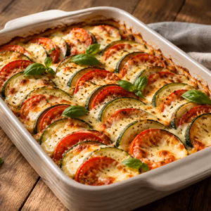 Fertiges Gericht: Zucchini-Tomaten-Auflauf mit Mozzarella aus dem Ofen