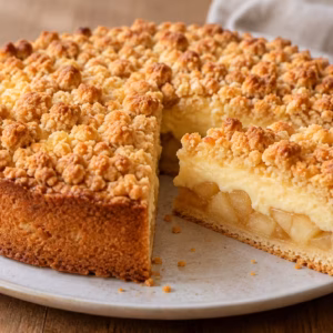 Fertiges Gericht: Saftiger Apfelkuchen mit Vanillepudding für den Herbst