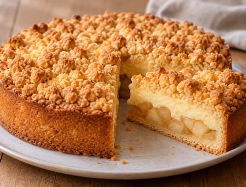 Fertiges Gericht: Saftiger Apfelkuchen mit Vanillepudding für den Herbst