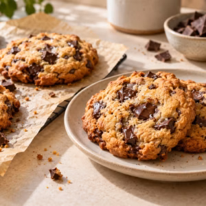 Goldbraune Chocolate-Chip-Cookies auf einem Teller und Backpapier
