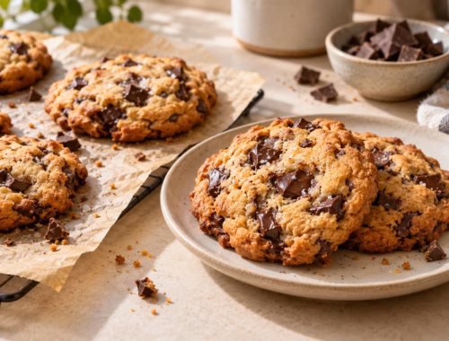 Goldbraune Chocolate-Chip-Cookies auf einem Teller und Backpapier