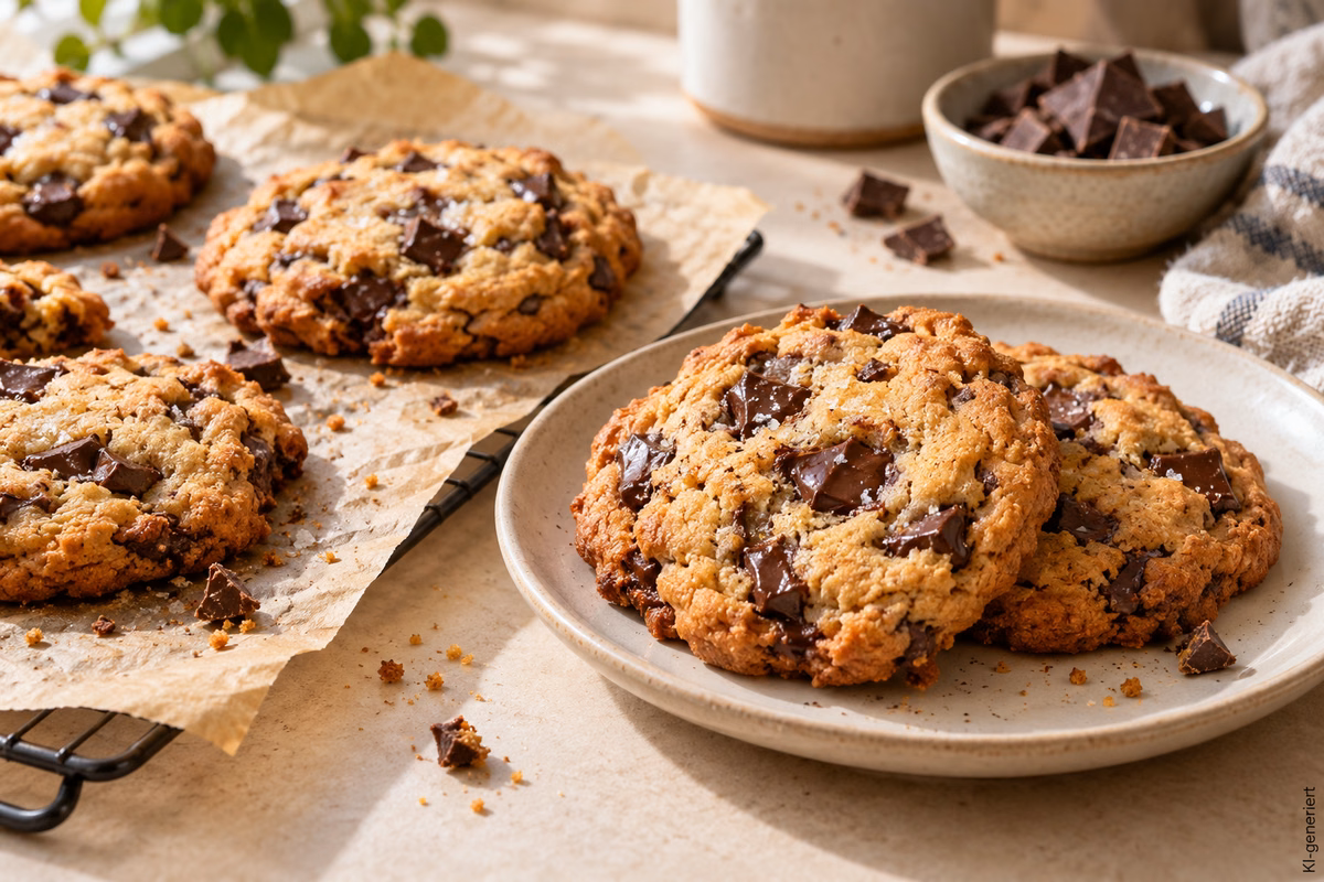 Goldbraune Chocolate-Chip-Cookies auf einem Teller und Backpapier