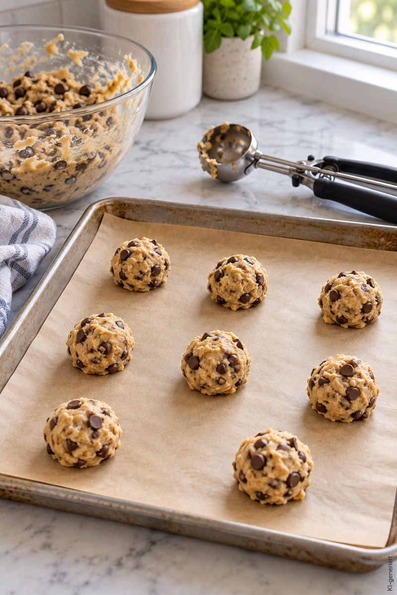 Chocolate-Chip-Cookies einfach selber machen 7 Portionierte Cookie-Teigkugeln mit Schokotropfen auf einem Backblech